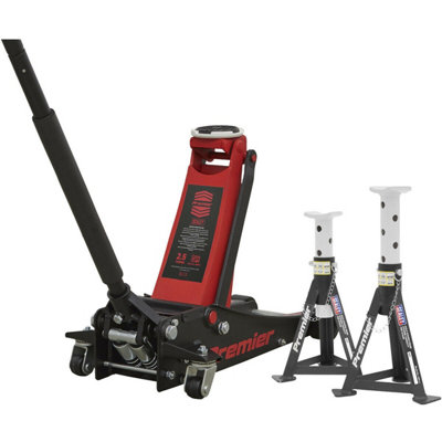 Low Entry Hydraulic Trolly Jack & 2 x Axle Stand Kit - 2500kg Capacity - Red