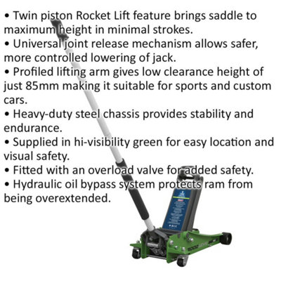 Low Entry Trolley Jack - 3000kg Weight - Twin Piston - 500mm Max Height - Green