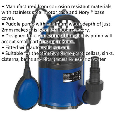 Low Level Submersible Water Pump - 117L/Min - Automatic Cut Out - 230V Supply