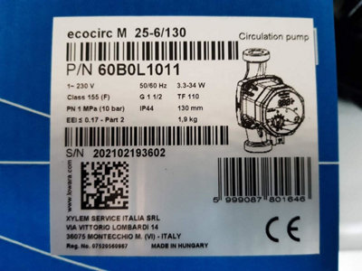 Lowara Ecocirc M Central Heating Circulator Pump 130MM 25-6/130  Replacement for Grundfos UPS2 15/50-60