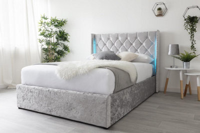 Loxley LED Silver Crushed Velvet Storage Ottoman Bed - King 5ft