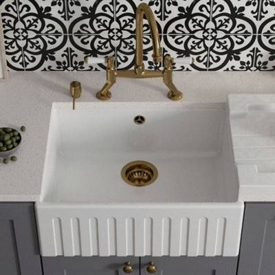 LSC Fluted Butler 595 1.0 Bowl White Ceramic Kitchen Sink with Gold ...