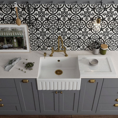 LSC Fluted Butler 595 1.0 Bowl White Ceramic Kitchen Sink with Gold ...