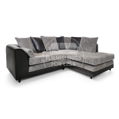 Luca 3-4 Seater L Shaped Corner Sofa Fabric and Leather Trim Black and Grey Right Hand Facing