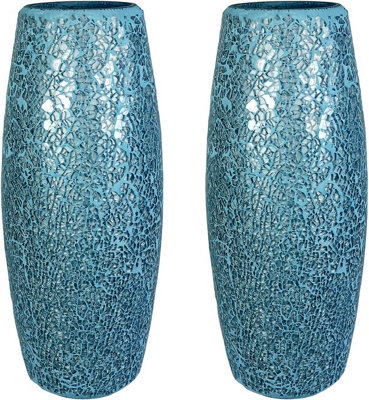 Lucente 2PC Crackle Glass Mosaic Vase with Blue & Silver