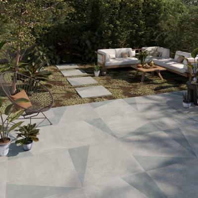 Lucerne Geometric Concrete Effect Porcelain Outdoor Tile - Pack of 2, 0.74m�² - (L)610x(W)610