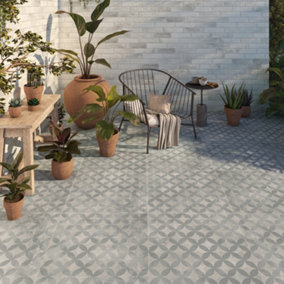 Lucerne Matt Geometric Patterned Concrete Effect Porcelain Outdoor Tile - Pack of 30, 11.16m² - (L)610x(W)610mm