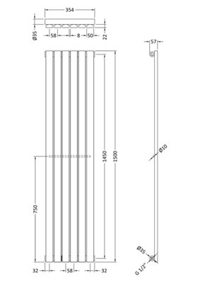 Lucia Square Vertical Single Panel Radiator - 1500mm x 354mm - 2041 BTU - Satin White - Balterley