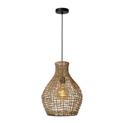 Lucide Alban Scandinavian Rattan Pendant Light 35cm - 1xE27 - Light Wood