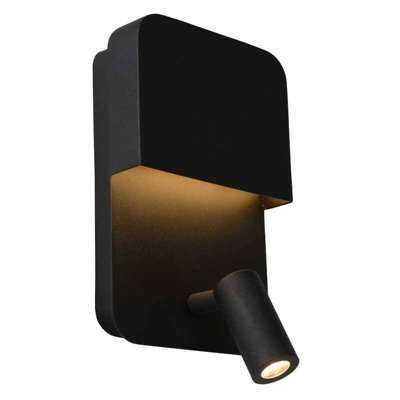 Lucide Boxer Wall Light with LED Reading Light and USB Charging Port Black