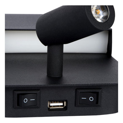 Lucide Boxer Wall Light with LED Reading Light and USB Charging Port Black