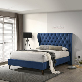 Lucille Double Bed - Blue - Velvet Upholstery Diamond Button Detailing Angled Feet Curved Headboard