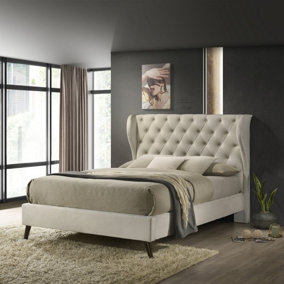 Lucille Double Bed - Cream - Velvet Upholstery Diamond Button Detailing Angled Feet Curved Headboard