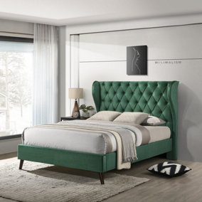 Lucille Double Bed - Green - Velvet Upholstery Diamond Button Detailing Angled Feet Curved Headboard
