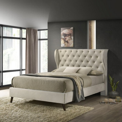 Lucille King Size Bed - Cream - Velvet Upholstery Diamond Button ...