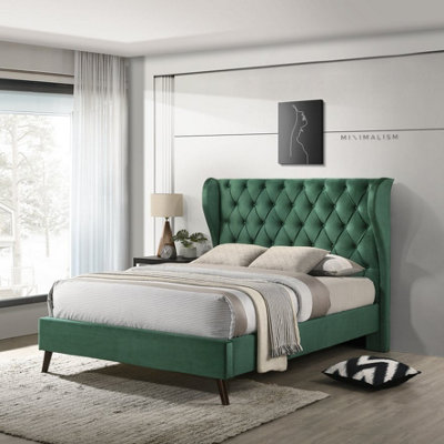 Lucille King Size Bed - Green - Velvet Upholstery Diamond Button ...