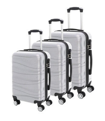 LUGGIT 3 Pcs Travel Lightweight Trolley Luggage Suitcase Set of 3 Sizes, ABS Shell - Wavy Line Silver White