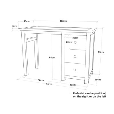 Lugo 3 Drawer Desk - Dressing Table Wood Knob