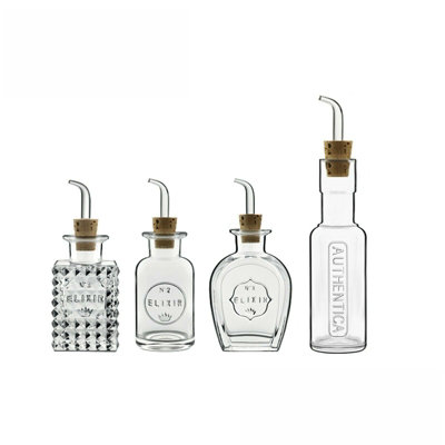 Luigi Bormioli Elixir Clear Rectangular Glass Modern Durable Condiment Bottle Set Pack of 4