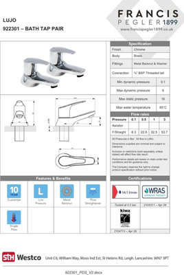 Lujo Bath Tap Pair Chrome - Modern Lever Handle Hot and Cold Bath Taps, Solid Brass Construction with Chrome Finish