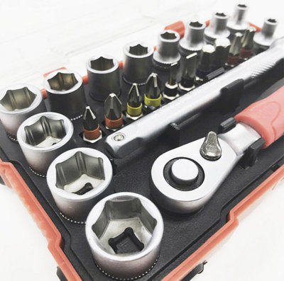 Lumberjack 25 Piece 1/4" Square Drive Metric Socket Set with Screwdriver Bits For DIY Home Workshop & Professional Use
