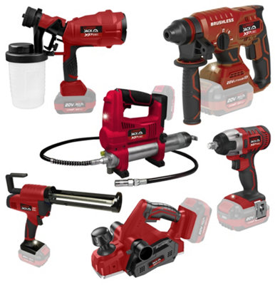 Lumberjack 6 Piece 20V Cordless Tool Set Includes Planer, Paint Sprayer, Impact Wrench, Caulking Gun, Grease Gun & Hammer Dri