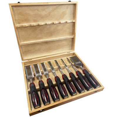 Lumberjack 8 Piece Chisel Set Bevel Edge Split Proof Handle Chisels in Wooden Storage Box