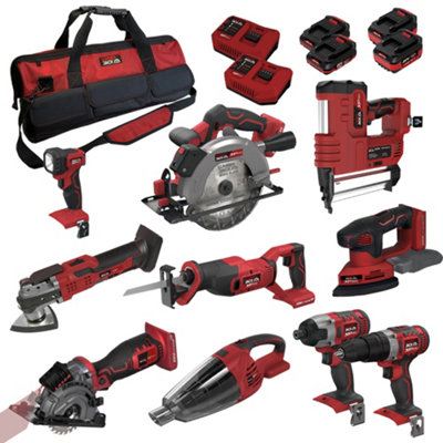 Lumberjack Cordless 20V 10 Piece Power Tool Kit Drill Recip Saw Circular Saw Nail Gun 4ah Battery & More