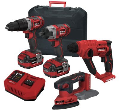 Lumberjack Cordless 20V Combi Drill Impact Driver Detail Sander & SDS Drill with 4A Batteries & Fast Charger