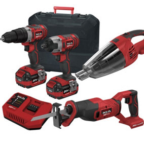 Lumberjack Cordless 20V Combi Drill Impact Driver Drill Vacuum & Recip Reciprocating Saw with 4A Batteries & Fast Charger