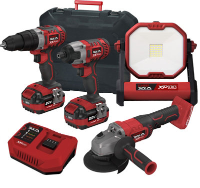 Lumberjack Cordless 20V Combi Drill Impact Driver Drill Work Light & Angle Grinder with 4A Batteries & Fast Charger