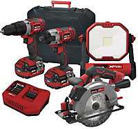 Lumberjack Cordless 20V Combi Drill Impact Driver Drill Work Light & Circular Saw with 4A Batteries & Fast Charger