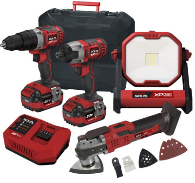 Lumberjack Cordless 20V Combi Drill Impact Driver Drill Work Light & Multi Tool with 4A Batteries & Fast Charger