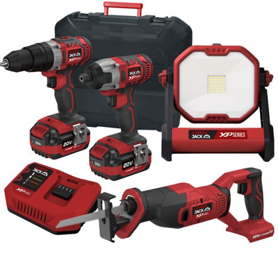 Lumberjack Cordless 20V Combi Drill Impact Driver Drill Work Light & Recip Reciprocating Saw with 4A Batteries & Fast Charger