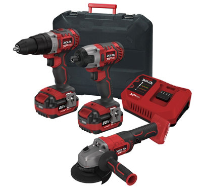 Lumberjack Cordless 20V Twin Kit Combi Drill Impact Driver Drill & Angle Grinder with 4A Batteries & Fast Charger