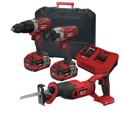 Lumberjack Cordless 20V Twin Kit Combi Drill Impact Driver Drill & Recip Reciprocating Saw with 4A Batteries & Fast Charger