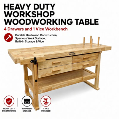 Lumberjack Heavy Duty Solid Wooden Woodworking Work Bench with 4 x ...