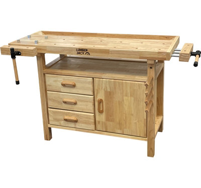 Lumberjack Woodworking Work Bench with 3 Drawers On-board Cabinet and 2 Vices