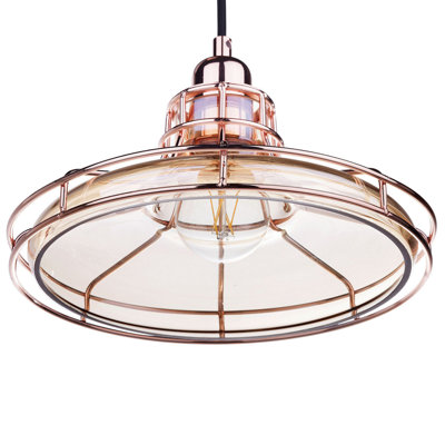 Lumina Copper Cage Pendant Lamp with Tinted Glass Shade, Vintage-Industrial Ceiling Light, W26 x D26 x H117cm