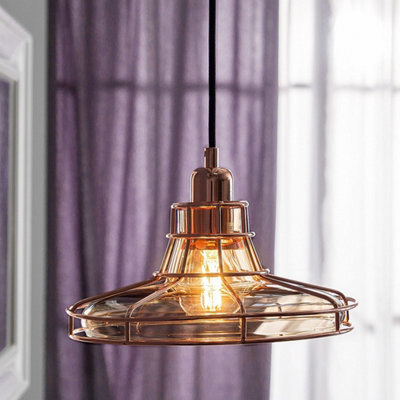 Lumina Copper Cage Pendant Lamp with Tinted Glass Shade, Vintage-Industrial Ceiling Light, W26 x D26 x H117cm