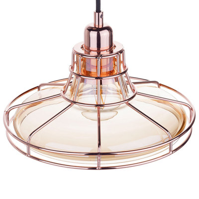 Lumina Copper Cage Pendant Lamp with Tinted Glass Shade, Vintage-Industrial Ceiling Light, W26 x D26 x H117cm