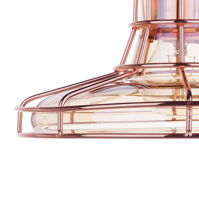 Lumina Copper Cage Pendant Lamp with Tinted Glass Shade, Vintage-Industrial Ceiling Light, W26 x D26 x H117cm