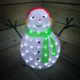 Lumineo 47cm Acrylic Christmas Snowman Green Scarf And Earmuffs Cool White LEDs