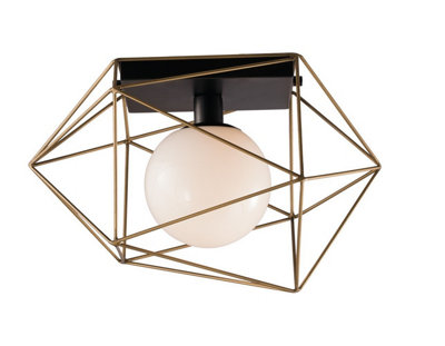 Luminosa Abraxas Globe Cage Semi Flush Ceiling Light, Black, Gold, E27