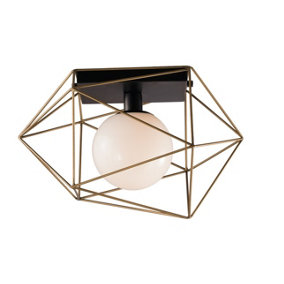Luminosa Abraxas Globe Cage Semi Flush Ceiling Light, Black, Gold, E27