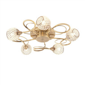 Luminosa Aherne 5 Light Semi flush Antique Brass With Antique Brass Wire, Bead Shade, G9