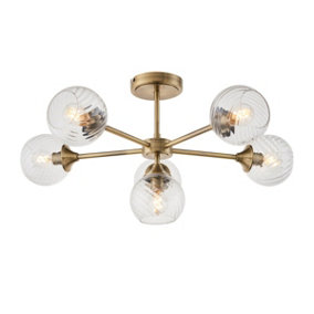 Luminosa Allegra 6 Light Multi Arm Glass Shade Semi Flush Ceiling Lamp Antique Brass