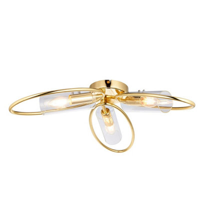 Luminosa Amari Multi Arm Glass Semi Flush Ceiling Lamp, Polished Brass Plate, Glass