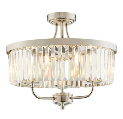 Luminosa Ascoli 3 Light Ceiling Semi Flush Bright Nickel Plate & Clear Cut Glass