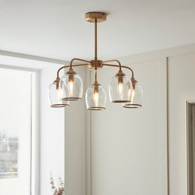 Luminosa Ashcroft Multi Arm Pendant Ceiling Light Brushed Aged Brass Plate & Clear Glass 5x E14